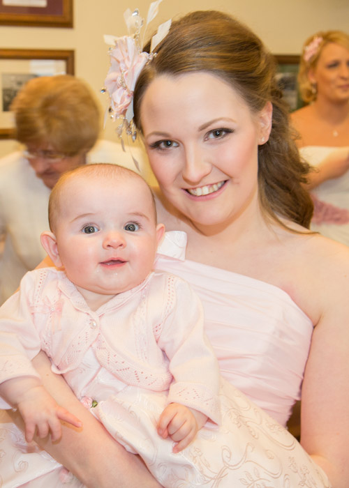 Bride and her daughter in matching pink outfits wedding photography sheffield