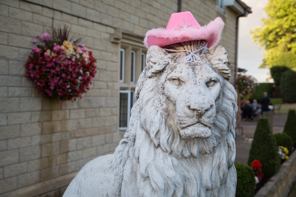 Lion statue at Rogerthorpe Manor Wedding wearing pink cowboy hat