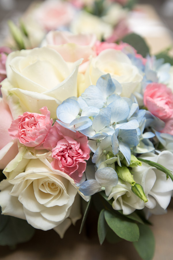 Pink and blue wedding bouquet by Moody Cow Florist