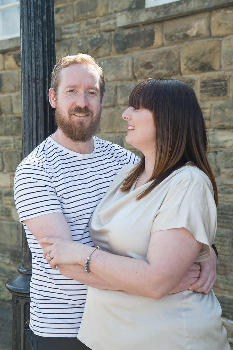 Couple smiling at their pre-wedding shoot at Elsecar heritage centre Barnsley