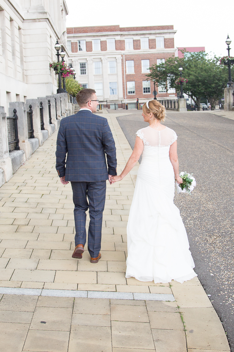 Couple outside Barnsley Town Hall on their wedding day