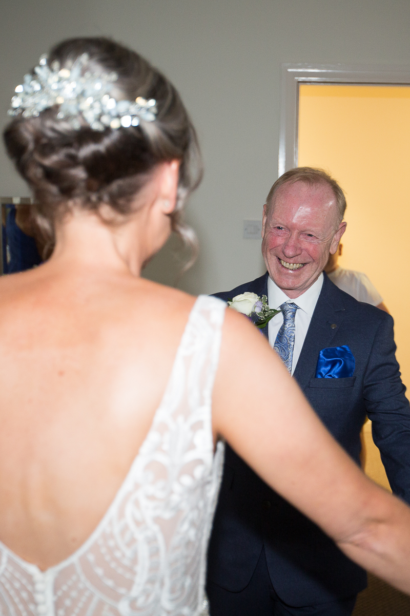 Father of the bride first look at Burntwood Court Hotel Wedding