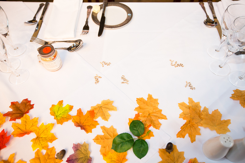 Leaves and wooden love letters on the top table at Wortley Hall Hotel Sheffield