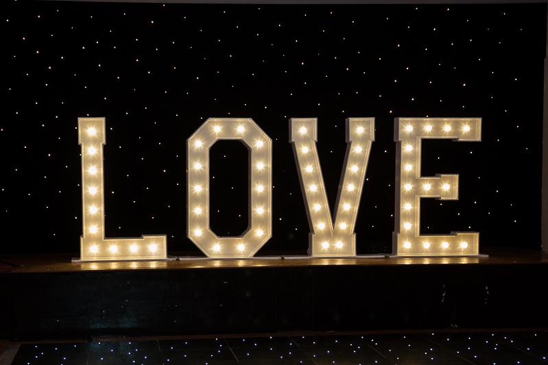light up love letters and a black sparkle dancefloor in the ballroom at Wortley Hall Hotel Sheffield