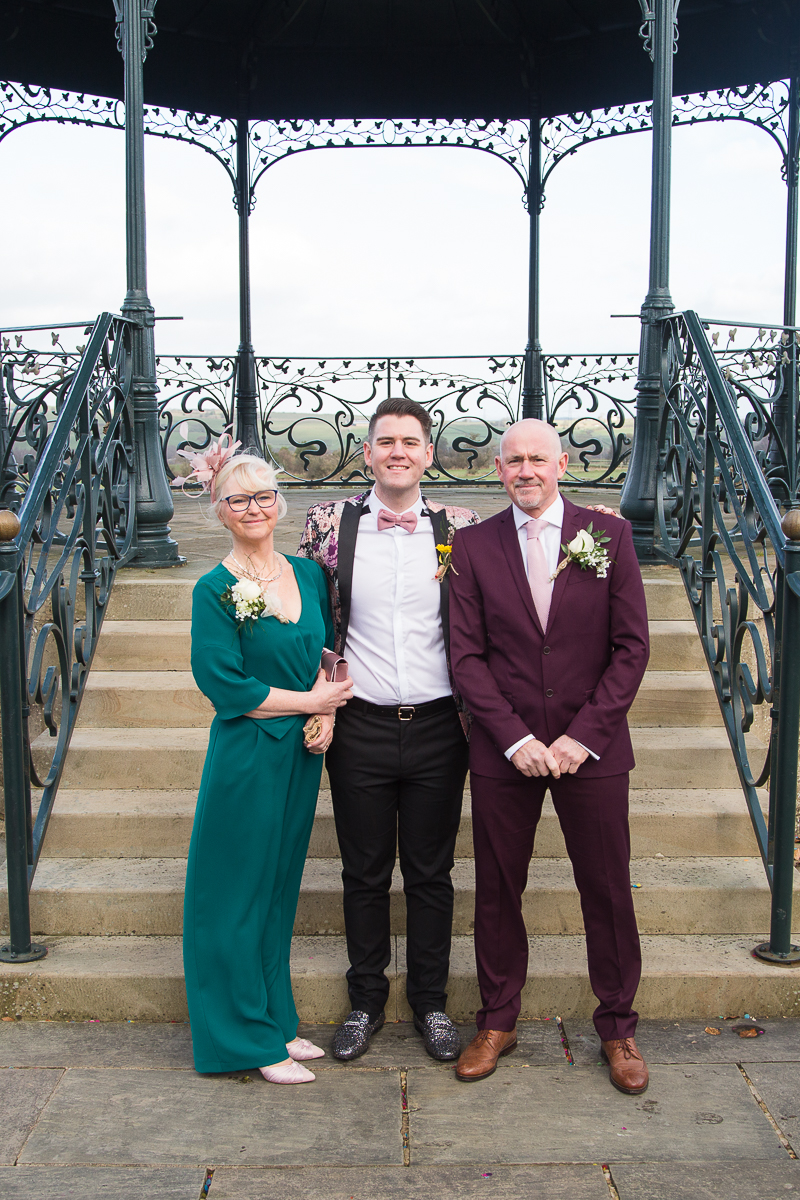 Group wedding photographs by the bandstand at Cubley Hall Sheffield