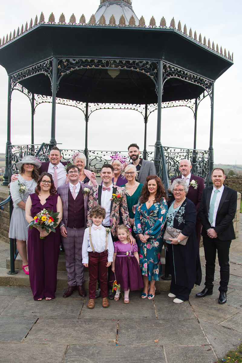 Group wedding photographs by the bandstand at Cubley Hall Sheffield