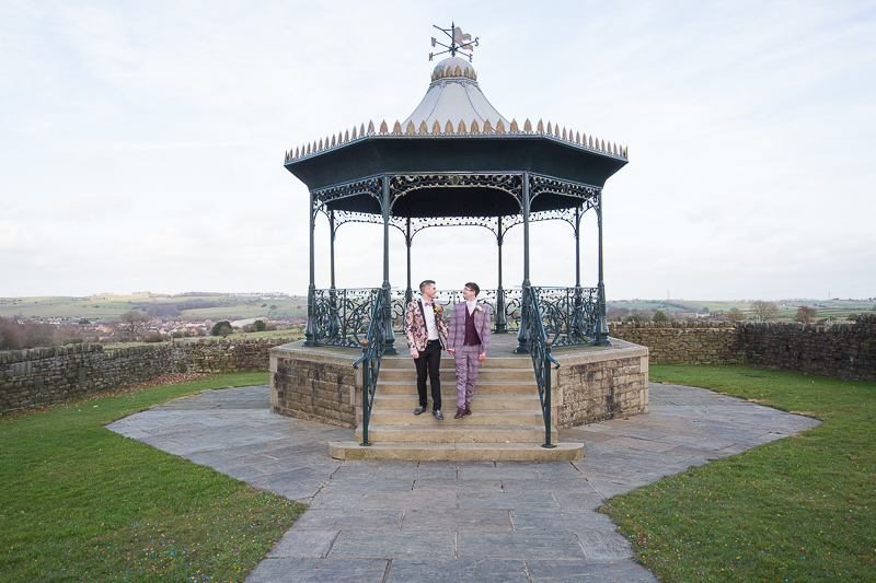 Couple wedding photographs by the bandstand at Cubley Hall Sheffield