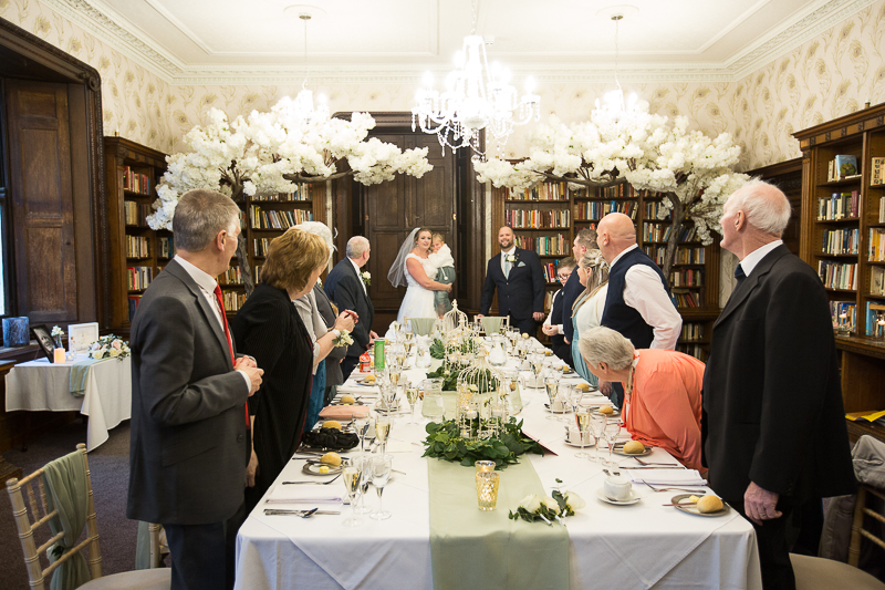 The wedding breakfast in the library at Wortley Hall