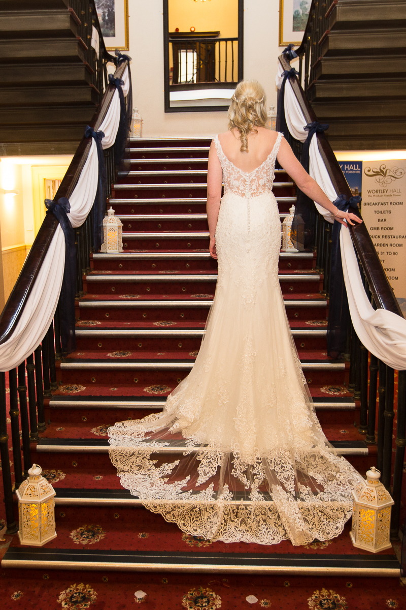 Bride on the staircase at Wortley Hall Hotel