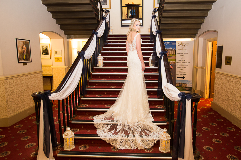 Bride on the staircase at Wortley Hall Hotel