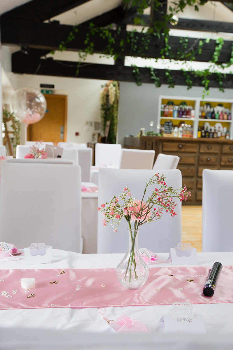Pink wedding set up from a pink themed wedding at The Beehive at The Garrison Barnsley