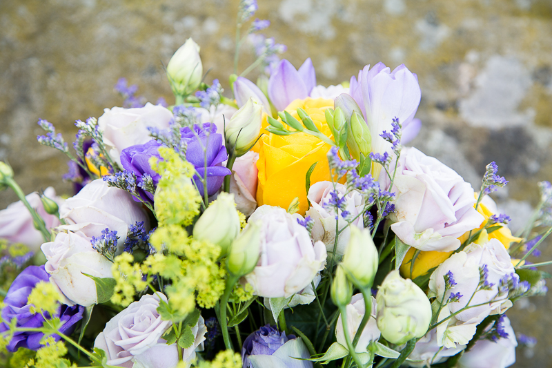 Purple, lilac, yellow and green wedding bouquet