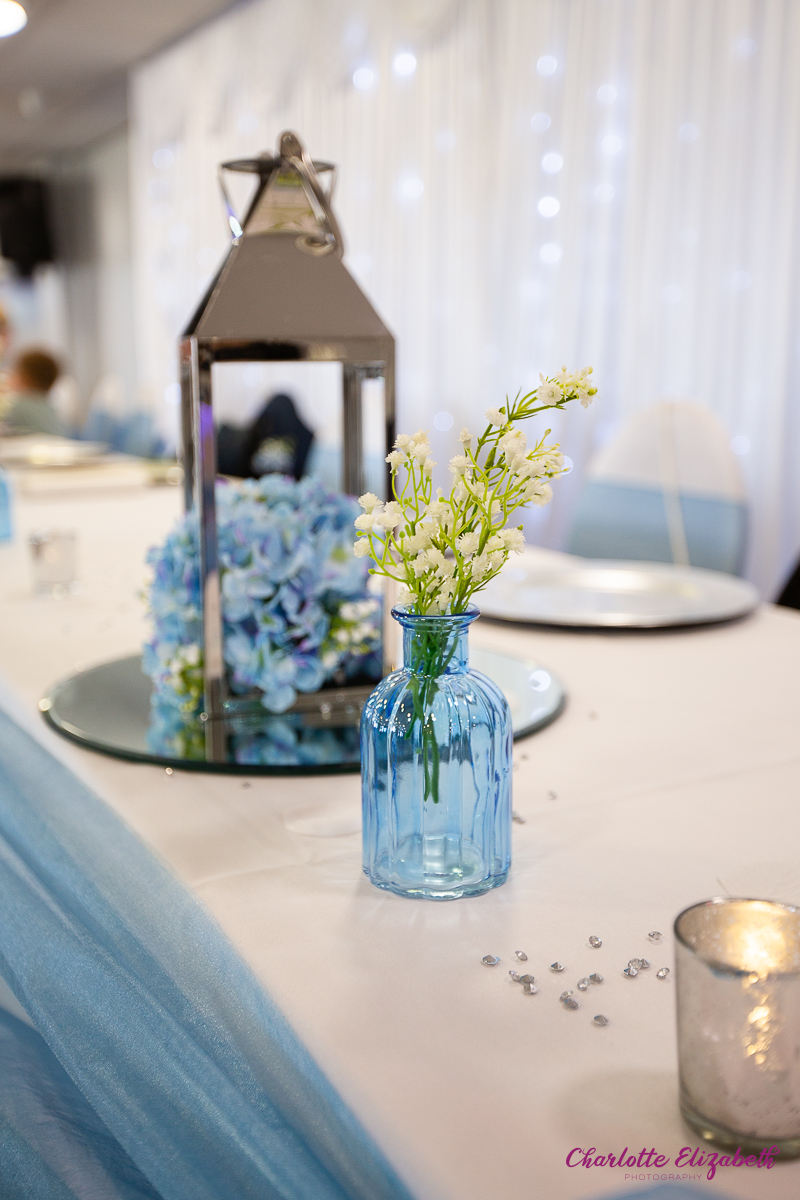 Baby blue wedding decorations Sports Club Barnsley wedding photographer