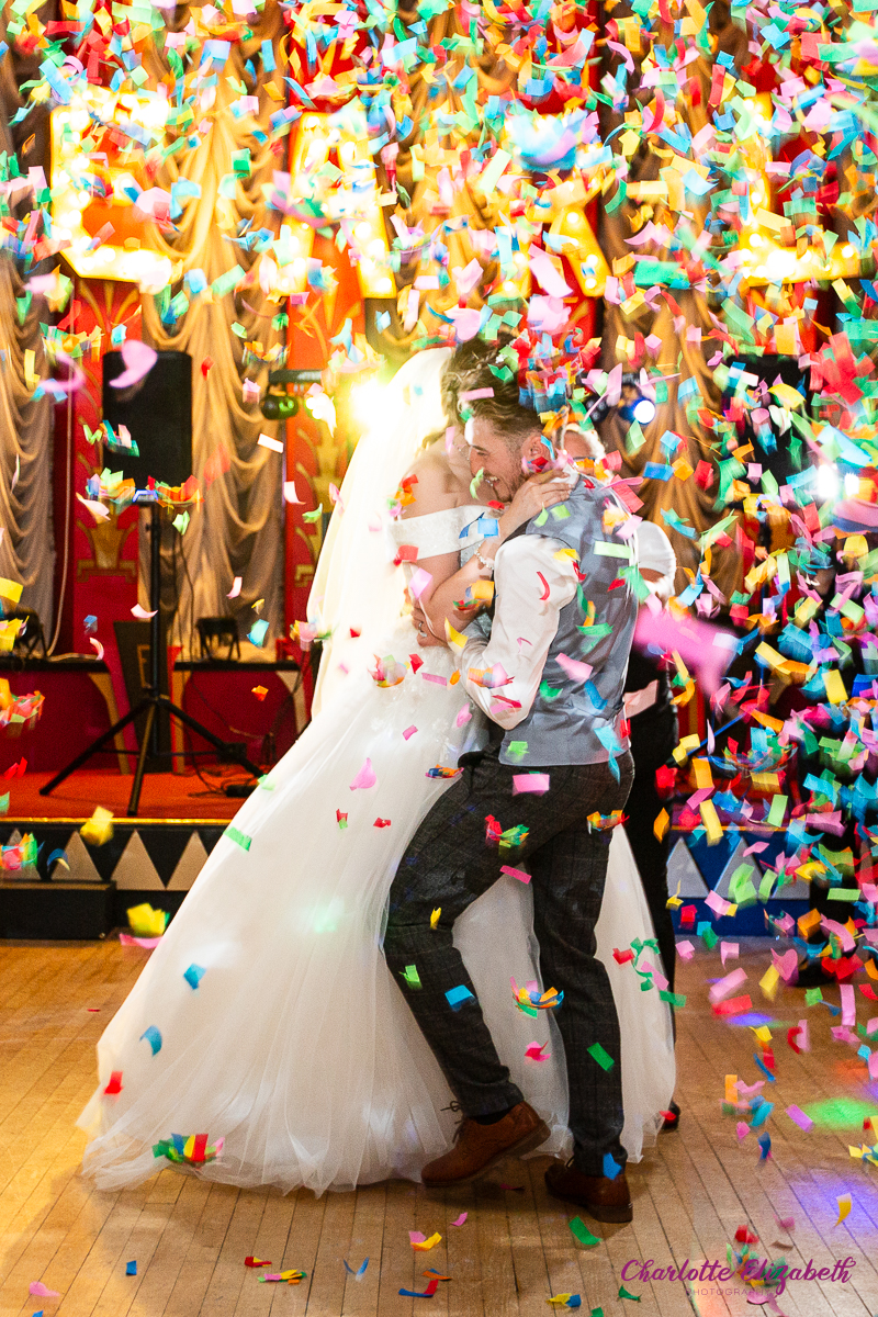 The first dance with confetti cannons at The Earl of Doncaster wedding photographer