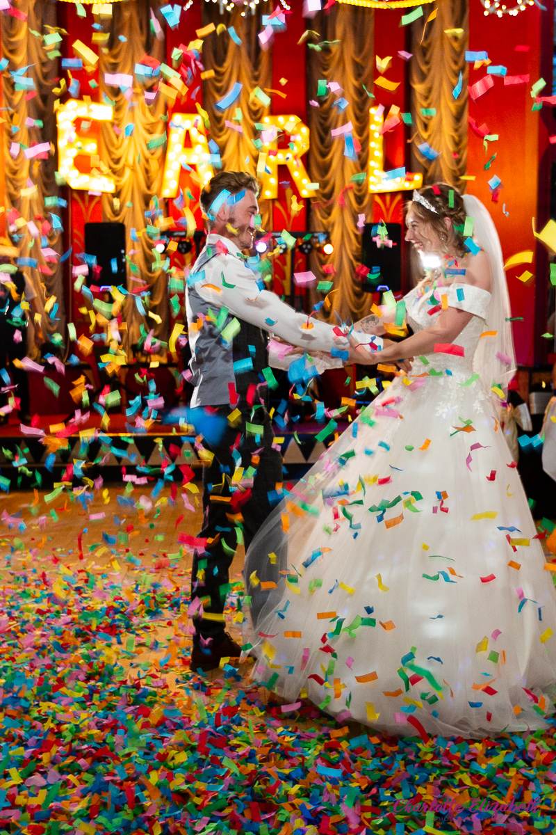 The first dance with confetti cannons at The Earl of Doncaster wedding photographer