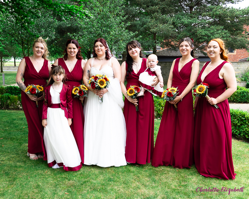 Group shots in the grounds of Burntwood Court hotel Barnsley wedding photographer