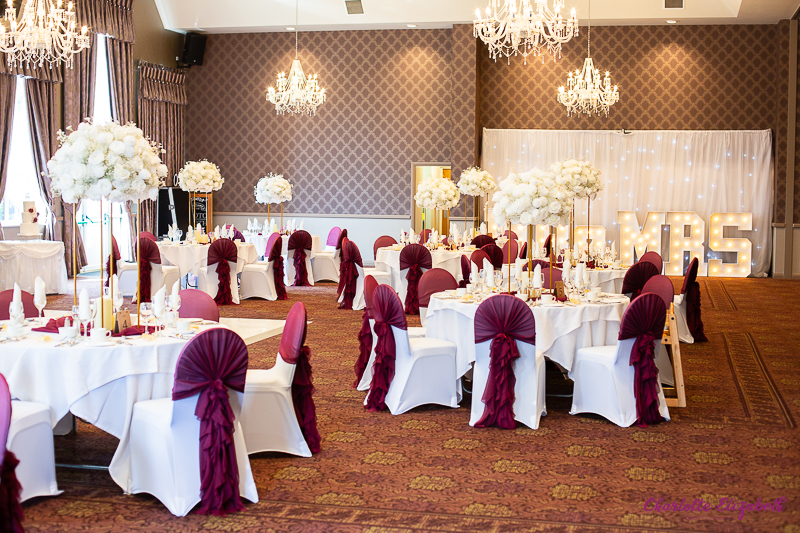 Wedding reception room details at Burntwood Court Hotel wedding by Barnsley wedding photographer