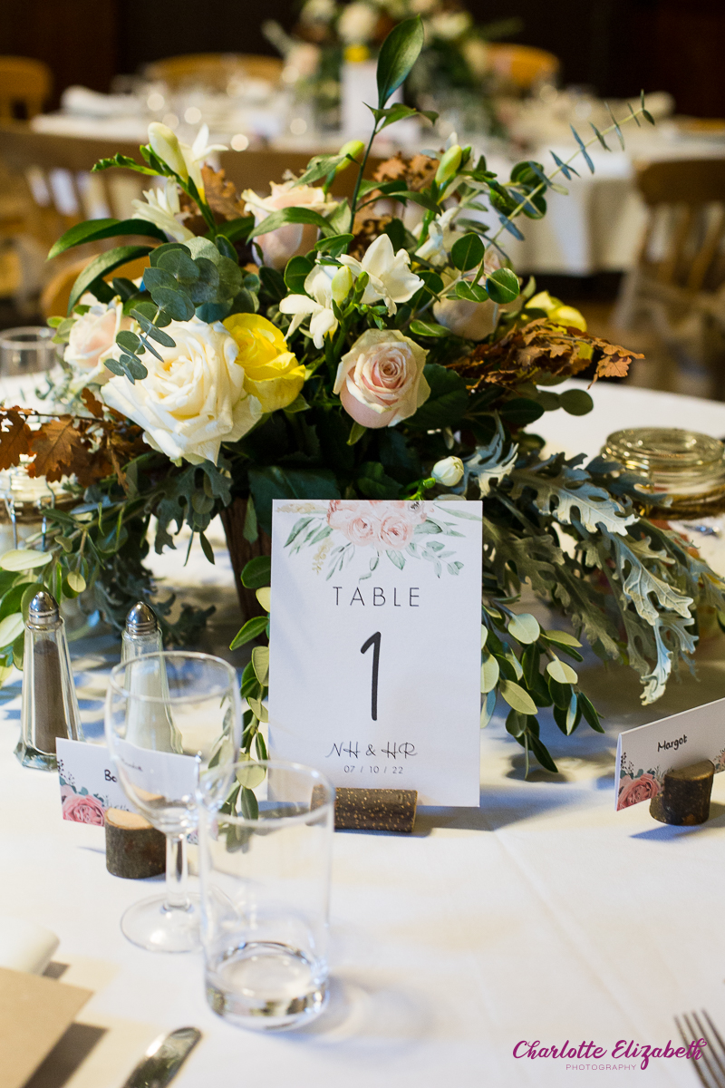 Cubley Hall Penistone Wedding breakfast decorations by natural wedding photographer