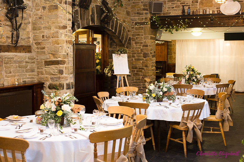 Cubley Hall Penistone Wedding breakfast decorations by natural wedding photographer