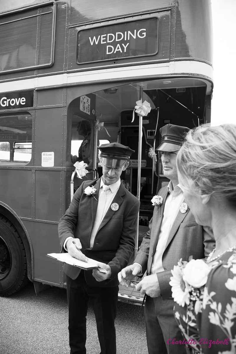 big red bus at a Barnsley wedding day at Cawthorne Village Hall and Barnsley registry office