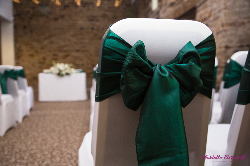 Dark green chair bows at Mosborough Hall Hotel Sheffield Wedding